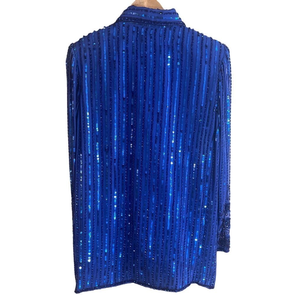 Saks Fifth Avenue Stenay Blue Sequin Beaded Long Sleeve Silk Blouse Medium NWT - Picture 4 of 9